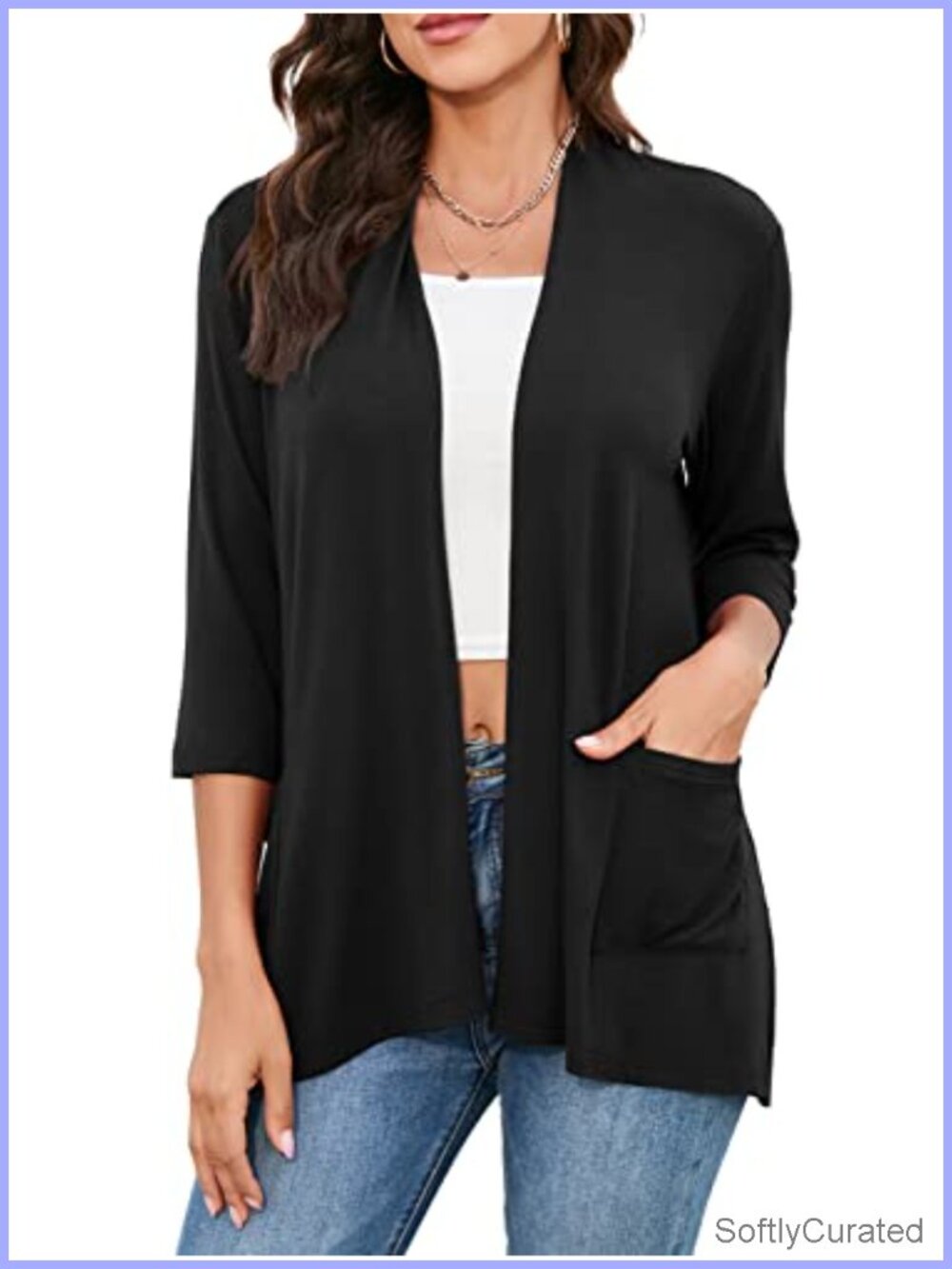 Lightweight Open Front Cardigan with Pockets 3/4 Sleeve Kimono Duster